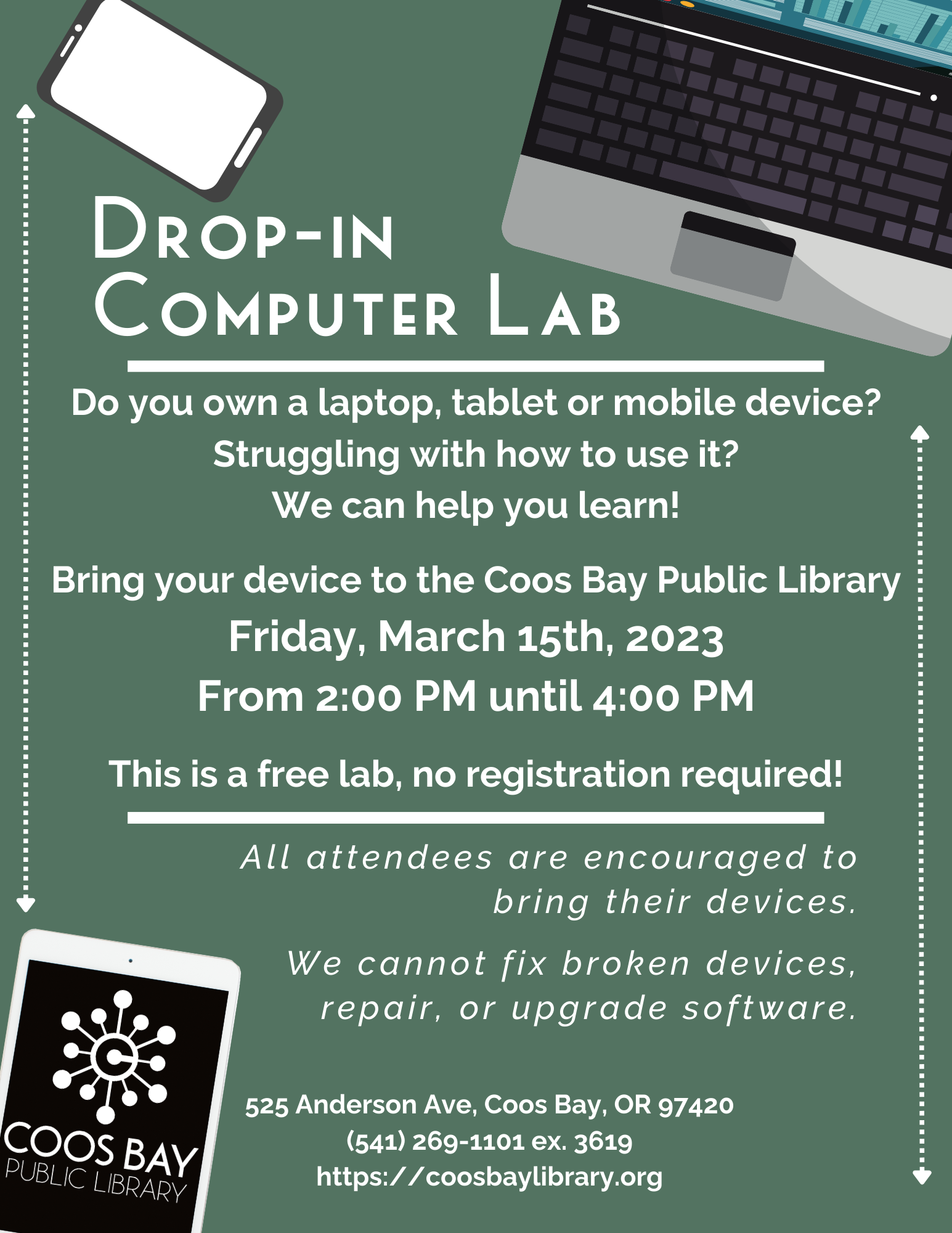 Drop-in Tech lab flyer for March 15, 2 to 4 pm