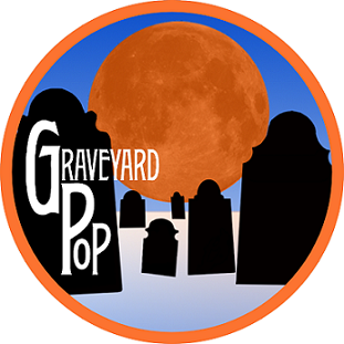 Graveyard pop logo w/black tombstones in front of orange moon