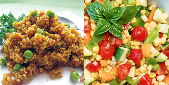 2 pics: one of Curry Quinoaon dish, other close-up of Corn Salad