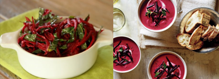 1st Pic of beet salad in white bowl. 2nd pic: 3 small bowls of beet soup next to small bowl of sliced bread