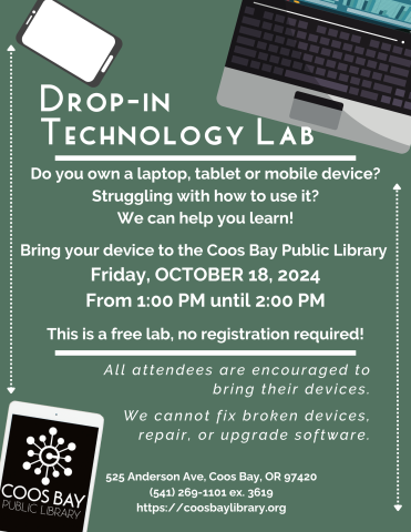 Drop-in technology lab flyer for October 18, 2024