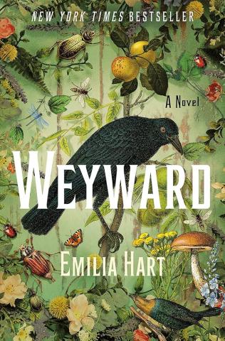 the whole cover is light green with bugs, flowers, and plants on it. In the center is the title in white lettering with a black crow on a branch behind it.