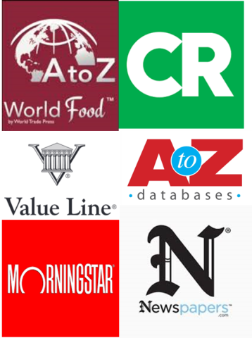 Six Database logos clumped together: AtoZ World Food, Consumer Reports, Value Line, AtoZ Databases, Morningstar, Newspapers.com, 