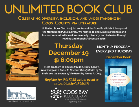 Flyer for event: yellow and black text on dark grey background, inludes book cover an pic of stack of books