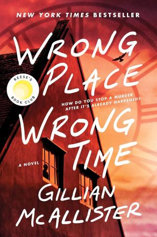 the cover is all in shades of orange. There is a giant clock face in teh sky, partially cover by the peaked top of a house with two windows. A person stands in the left window.