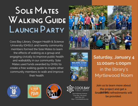 Launch Party flyer with pics of walkers and guide on dark greay and orange background