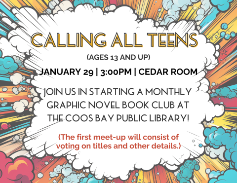 flyer with details of graphic novel book club invitation for Teens aged 13-18