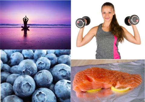 4 pics in one: woman doing yoga, blueberries, salmon fillet, woman lifting weights.