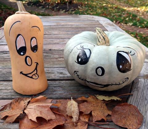 Pumpkins with painted faces.