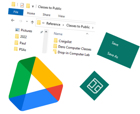 Screenshot of file folders, Google Drive icon, and a couple saving icons
