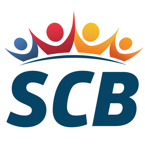 South Coast Business logo: letters, SCB, with multicolored peiple images above letters