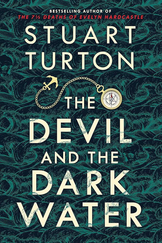 Dark Green waves fill the cover with the author's name centered on the top third of the cover. A gold compass on a chain with a pentagram on the face is under the author's name. Under teh compass is the title centered in the bottom two thirds of the cover.