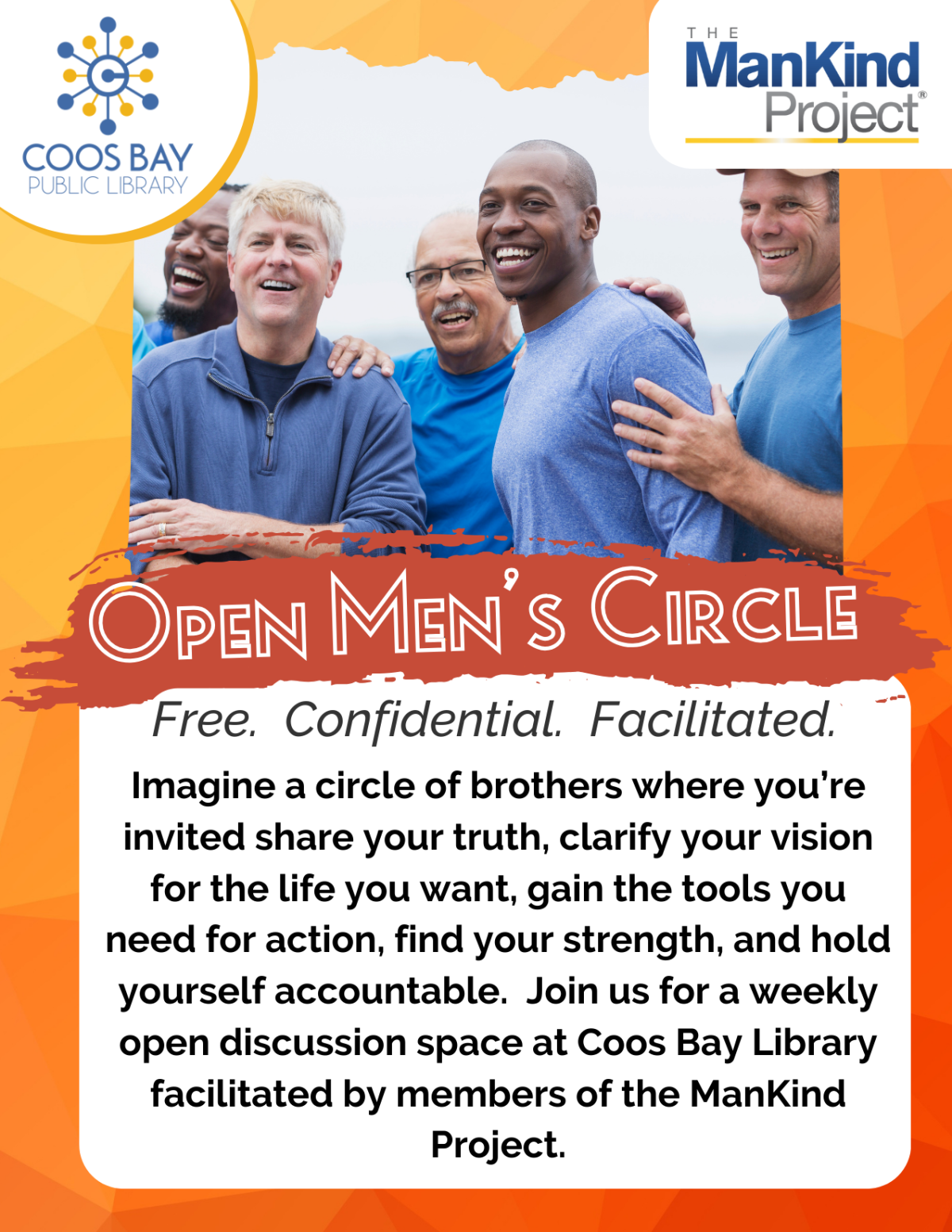 A picture of several men over an orange background with the title text 'Open Men's Circle'