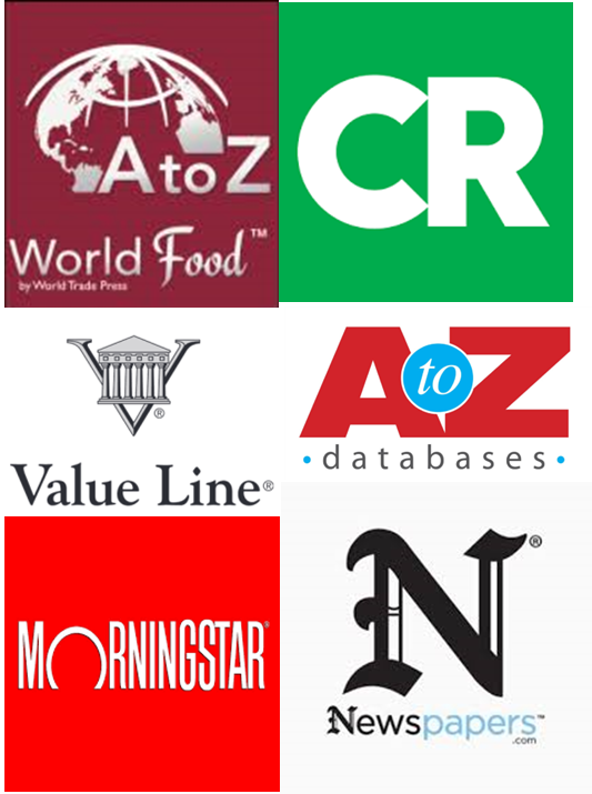 Six Database logos clumped together: AtoZ World Food, Consumer Reports, Value Line, AtoZ Databases, Morningstar, Newspapers.com, 