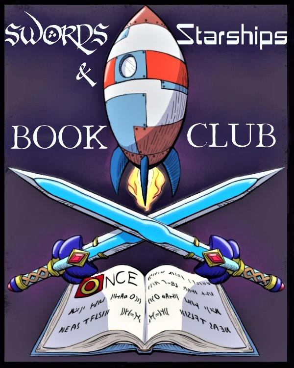 Spaceship over crossed swords and open book.